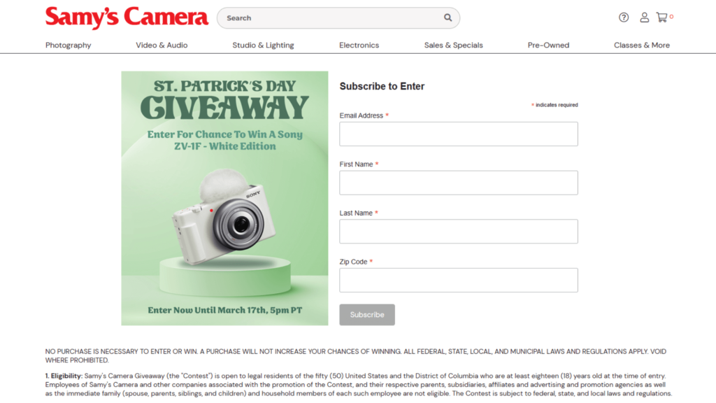 Samy’s Camera St. Patrick’s Day Sweepstakes - Win A Sony ZV-1F Camera - Samy’s Camera